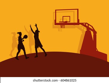 Basketball woman game in action with basketball hoop vector background