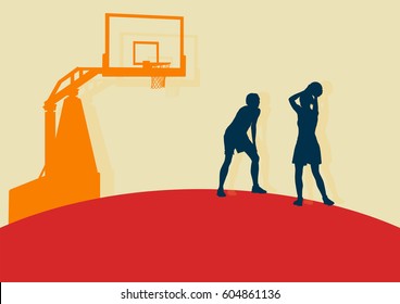 Basketball woman game in action with basketball hoop vector background