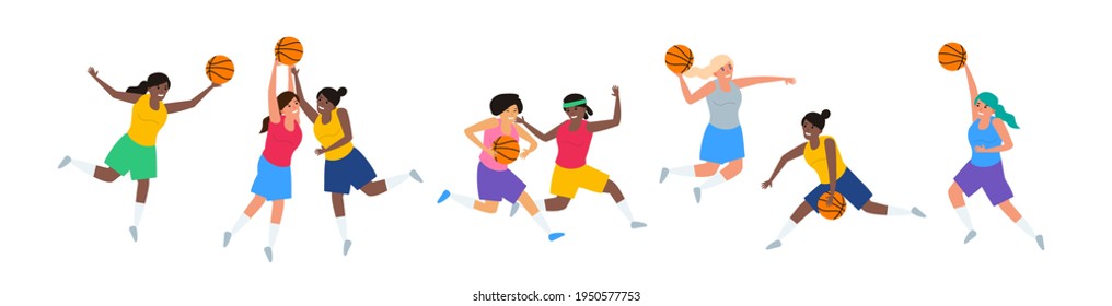 jugadoras de baloncesto en varios poses ilustraciones vectoriales