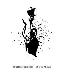 Basketball, woman shoots the ball at the basket, isolated vector silhouette, ink drawing, rear view