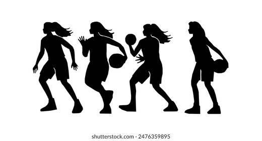 basketball women players silhouettes Vector set , basketball silhouettes,set basketball women player in action with ball