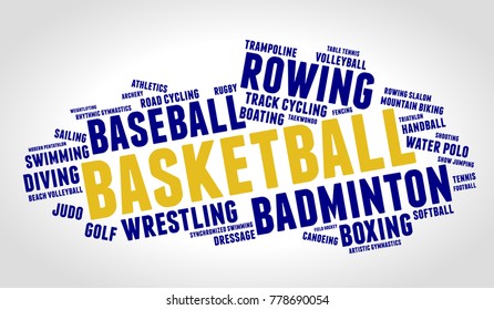 Basketball. Word cloud, blue text, grey gradient background. Summer sports.