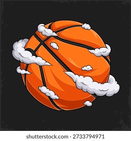 Baloncesto de alta velocidad envuelto en nubes, que simboliza jugadas altísimas y la emoción del evento March Madness, para aros universitarios dinámicos.