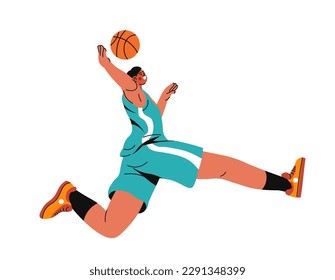 Basketballer with ball throwing and jumping movement. Isolated sportive male character in uniform playing basketball game. Sports events and activities, hobby and leisure. Vector in flat style