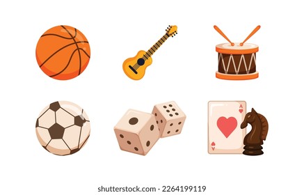 Basketball,guitar,drums,ball,dice,card.Popular activities that we do for fun.Hobby and sport products line design isometric vector set. 