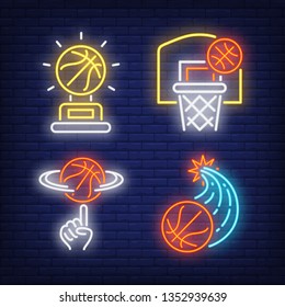 Basketballs flying into hoop and spinning on finger neon signs set. Basketball, team game and sport design. Night bright neon sign, colorful billboard, light banner. Vector illustration in neon style.