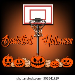 Basketballs and halloween pumpkin on a background of basketball rings. Vector illustration