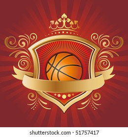 baloncesto, escudo, corona, fondo rojo