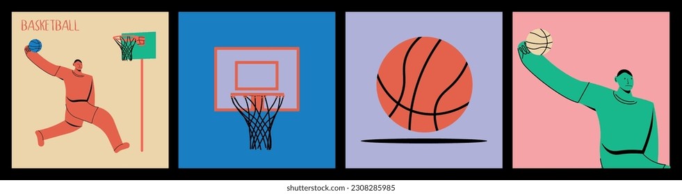 Basketball-themed set: basketball player, ball, basket