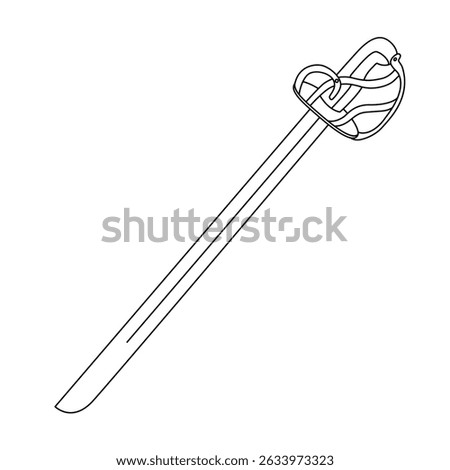 Basket-hilted saber with a slightly curved blade. Hand drawn outline illustration in doodle style, perfect for coloring books or historical weapon collections