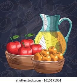 baskets with apples oranges jar juice fresh fruit food healthy vector illustration