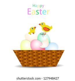 baskets of easter eggs with chicken
