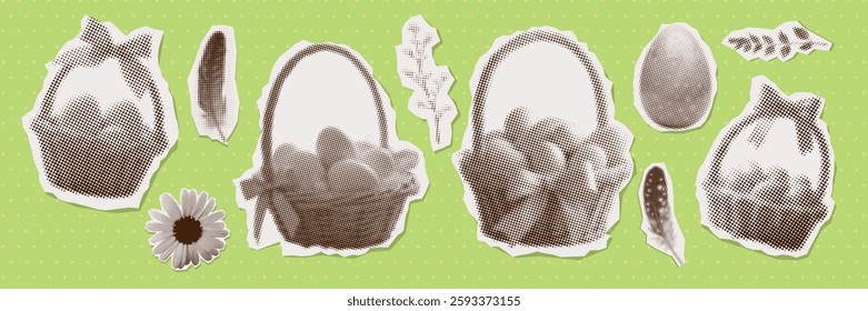 Baskets with eggs set in modern retro art collage style. Trendy clipart with cut out of magazine shapes. Halftone Easter egg, feather. Vector illustration