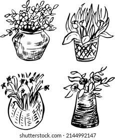 Cestas con ilustraciones de tinta de flores. Estilo de emparejamiento mínimo. Dibujos florales para decoraciones. Obra vectorial ambientada en verano y primavera. 