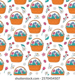 Baskets with flowers seamless pattern decorated with doodles of flowers. Spring, easter theme. Good for wallpaper, textile prints, wrapping paper, scrapbooking, stationery, digital paper, packaging