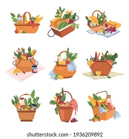 Baskets with food and drinks isolated cartoon icons set. Vector wicker containers with fruits and vegetables, wine, beer and juice. Traditional picnic baskets, handmade objects to carry products