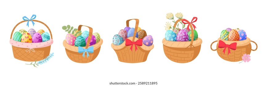 Baskets full of easter eggs. Wicker basket with painted colorful eggs, spring holiday chocolate eggs flat vector illustration set. Cartoon Easter surprise eggs baskets