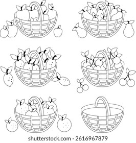 Baskets full of fruits grown in farms, gardens and orchards. Set of farmers fruits in baskets. Apples, pears, lemons, cherries and oranges. Vector black and white coloring page.