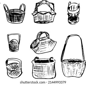 Baskets ink illustrations set. House objects drawings collection. Simple minimal texture inking style. Isolated objects. Arts and crafts theme. 