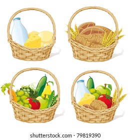 baskets with milk, cheese, cereals, fruits and vegetables