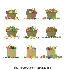 Baskets and package with fruits and vegetables. Set of isolated vector elements