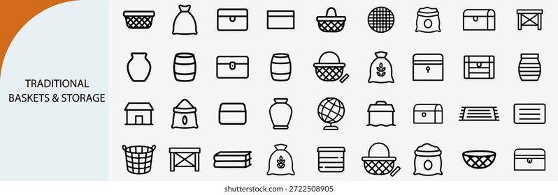 “Vector de conjunto de iconos lineales de cestas tradicionales y contenedores de almacenamiento rural”