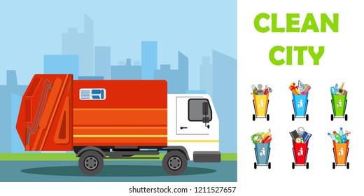 Baskets for the separation of garbage. Red machine for collecting waste on the background of urban buildings. Separation of garbage. Vector illustration.
