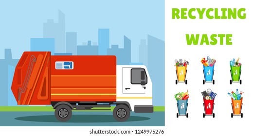 Baskets for the separation of garbage. Red machine for collecting waste on the background of urban buildings. Separation of garbage. Vector illustration.
