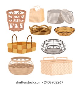 Baskets set vector illustration. Cartoon isolated round and square baskets with lid and handles, empty wicker bin for furniture, laundry and storage, rattan and fabric, bamboo and wooden hampers svg