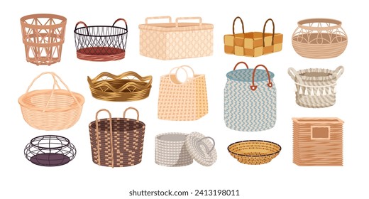 Baskets set vector illustration. Cartoon isolated wicker, metal and straw baskets of round and square shape, rope and fabric decor, wooden boxes with handles for furniture and picnic food storage