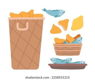 Baskets and Tray with Blessed Food. Fish and Loaves of Bread Icons Set. Endless food, with which Son of God Fed Crowd of Hungry People. Biblical Story about Miracle. Cartoon Vector Illustration