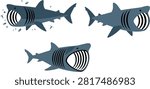Basking Shark Filter Feeding Vector Illustration Set Featuring Large Deep Sea Sharks with Open Mouths Swallowing Krill and Plankton Swarms.eps
