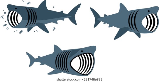 Basking Shark Filter Feeding Vector Illustration Set Featuring Large Deep Sea Sharks with Open Mouths Swallowing Krill and Plankton Swarms.eps