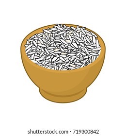 Basmati rice in wooden bowl isolated. Groats in wood dish. Grain on white background. Vector illustration

