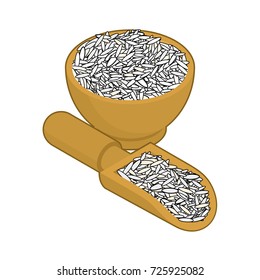 Basmati rice in wooden bowl and spoon. Groats in wood dish and shovel. Grain on white background. Vector illustration