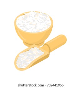 Basmati rice in wooden bowl and spoon. Groats in wood dish and shovel. Grain on white background. Vector illustration