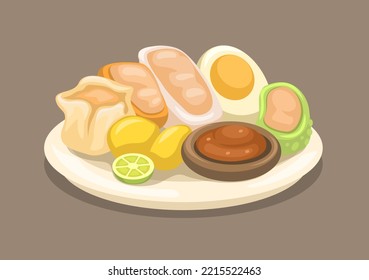 Baso tahu siomay is indonesian dumpling with tofu and vegetable with peanut sauce illustration vector