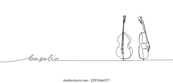 Basolia, bass viol one line art. Continuous line drawing of musical, melody, violin, vintage, music, orchestra, viola, symphony, musician, string with an inscription, lettering, handwritten.