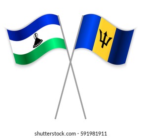 Basotho and Barbadian crossed flags. Lesotho combined with Barbados isolated on white. Language learning, international business or travel concept.