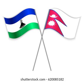 Basotho and Nepalese crossed flags. Lesotho combined with Nepal isolated on white. Language learning, international business or travel concept.