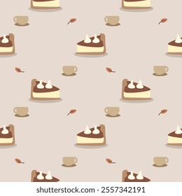 Basque Burnt Cheesecake cartoon so cute. On coffee cup leaf background. Pattern seamless vector illustration. 