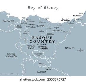 Basque Country, Euskadi, gray political map with capital Vitoria-Gasteiz and largest city Bilboa. The Basque Autonomous Community in northern Spain including the provinces Araba, Bizkaia and Gipuzkoa.