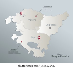 Basque Country map, administrative division with names, blue white card paper 3D vector