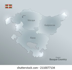 Basque Country map and flag, administrative division, separates provinces and names individual region, design glass card 3D vector