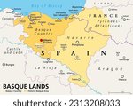 Basque Lands, political map. Basque Country, an autonomous community in Spain, with capital Vitoria-Gasteiz, in orange color. The historic Basque area in Spain and France, in orange and yellow colors.