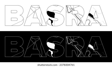 Basra City Name (Iraq, Asia) with black white city map illustration vector