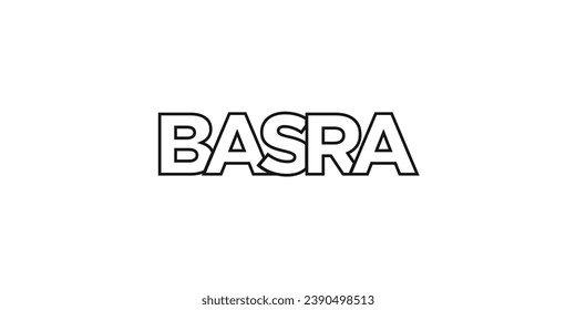 Basra in the Iraq emblem for print and web. Design features geometric style, vector illustration with bold typography in modern font. Graphic slogan lettering isolated on white background.