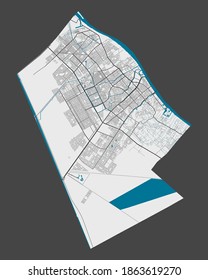 Basra map. Detailed map of Basra city administrative area. Royalty free vector illustration. Outline map with highways, streets, rivers. Tourist decorative street map.