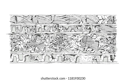 Bas-relief carving  Maya civilization, Temple Chichen Itza, Mexico. Sketch