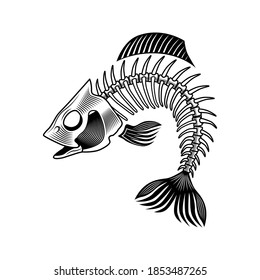 Bass bones vector illustration. Curled fish skeleton, chord, fins, head and tale. Dead animal or food concept for emblems and labels templates